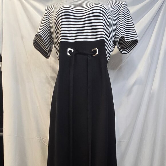 Vintage David Warren Dress Black & White Size 8 Strips Belt Zip - Picture 2 of 12